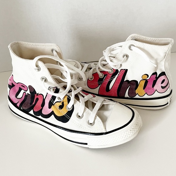 Women’s LE Converse Girls Unite in Red, Pink, Gold White High-Tops, Floral Tread - Picture 6 of 12